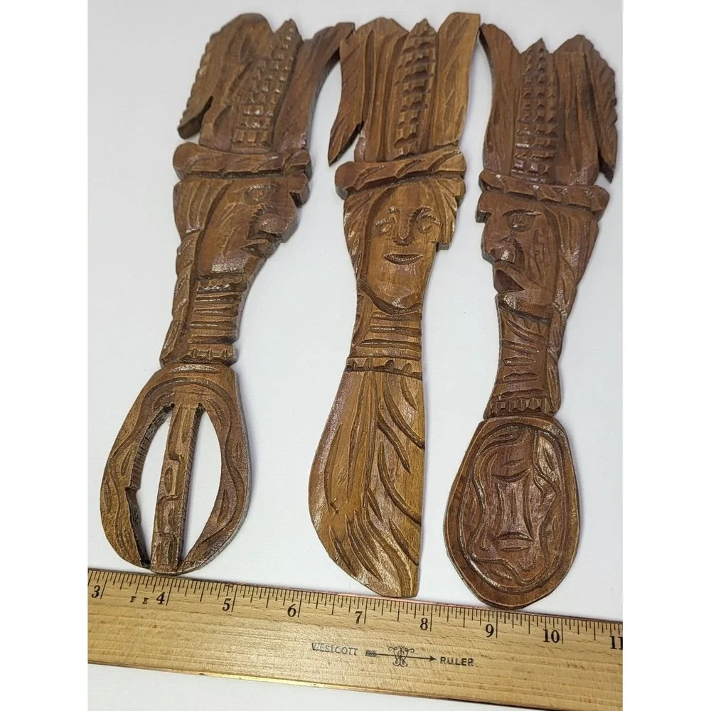 Hand Carved Wooden Tribal Tiki Totem Faces Knife Spoon Fork Wall Hanging Vintage